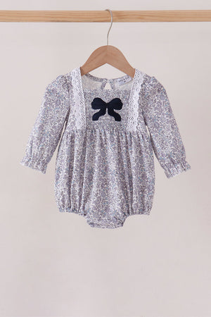 Navy Floral Bow Smocked Bubble