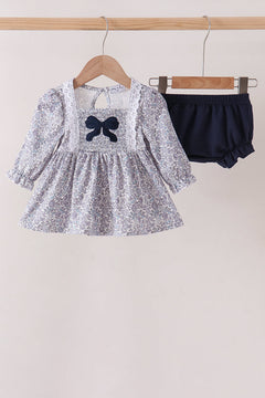 Navy Floral Bow Smocked Bloomer Set