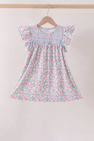 Blue Floral Smocked Ruffle Dress