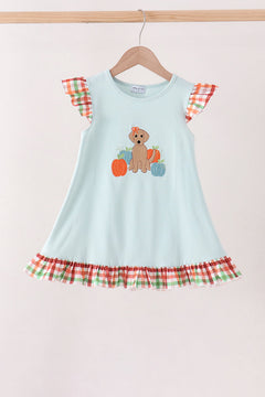 Blue Puppy Pumpkin Embroidery Gingham Ruffle Dress