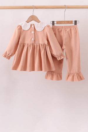 Coral Corduroy Smocked Ruffle Pants Set