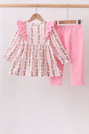 Pink Rose Stripe Ruffle Pants Set