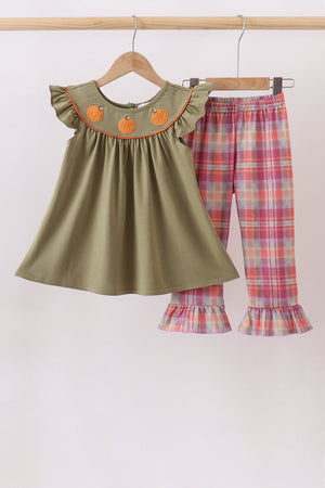 Camel Pumpkin Embroidery Plaid Dress
