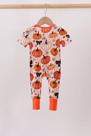 Orange Pumpkin Floral Bow Bamboo Romper