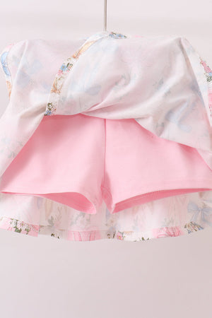 Pink Bow Floral Lace Skorts Set