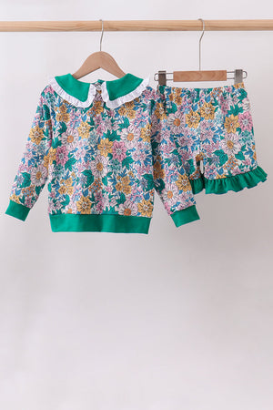 Green Floral Ruffle Shorts Set