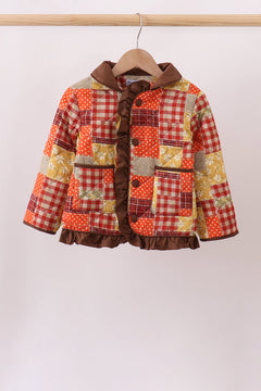 Brown Patchwork Floral Ruffle Jacket
