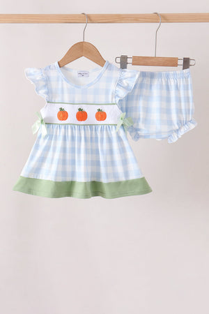 Blue Pumpkin Embroidery Gingham Bloomer set