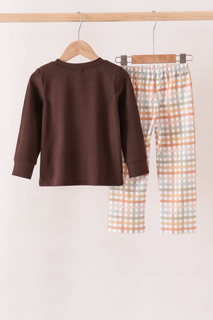 Brown deer applique plaid pants set