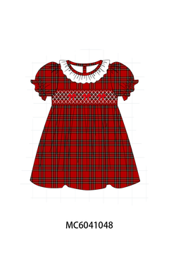 Red Plaid Bow Smocked Ruffe Dress