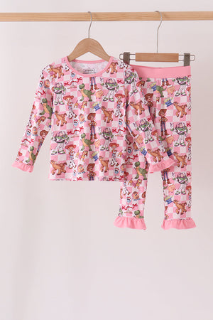Pink character checkered bamboo ruffle pajama set