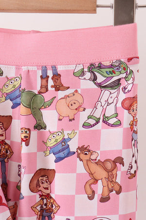 Pink character checkered bamboo ruffle pajama set