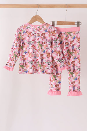 Pink character checkered bamboo ruffle pajama set