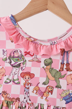 Pink character checkered bamboo ruffle dress