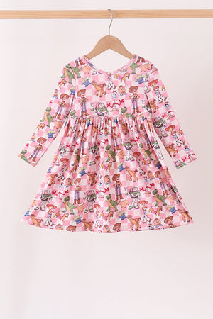 Pink character checkered bamboo ruffle dress