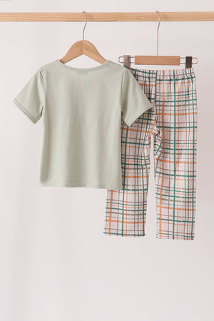 Sage Pumpkin Embroidery Plaid pants set