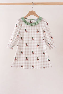 Green Duck Embroidery Gingham Dress