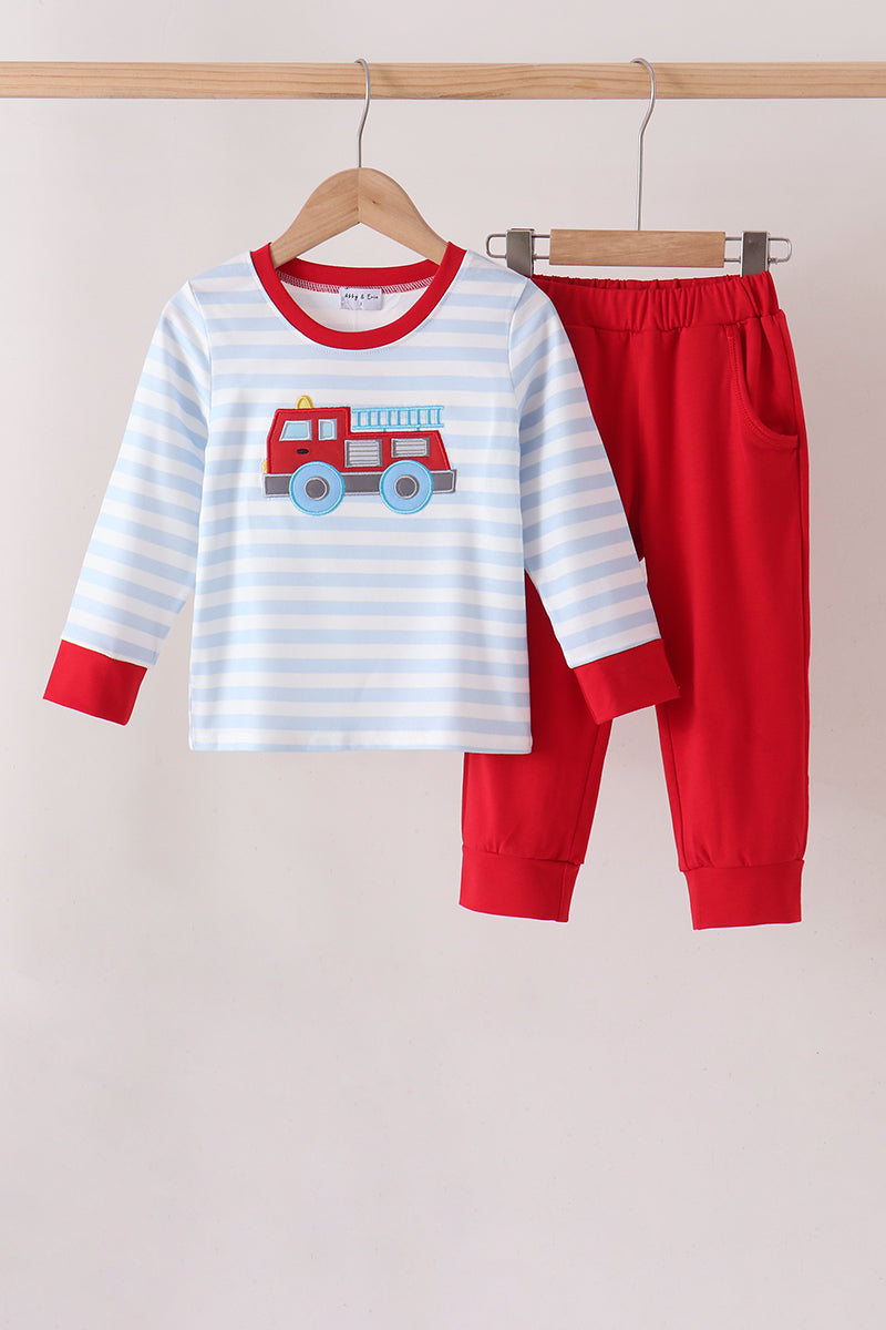 Blue stripe firework applique pants set