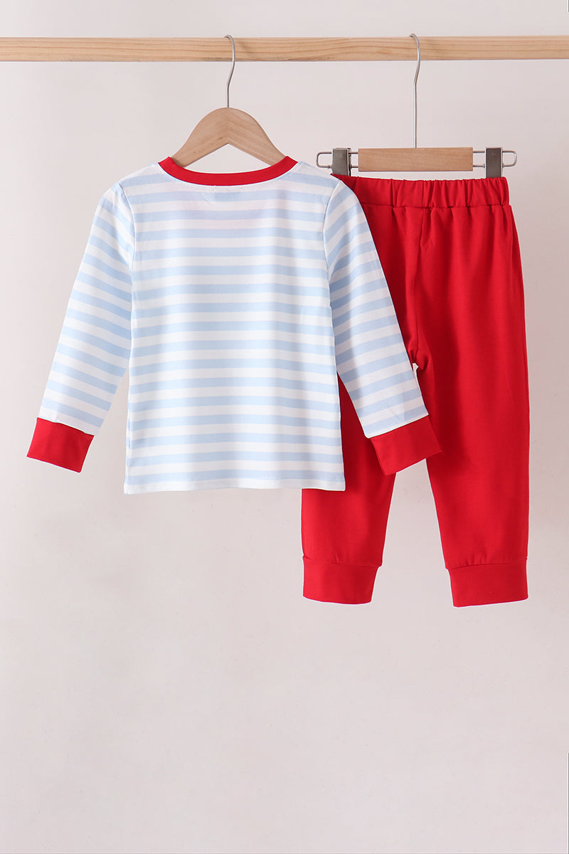 Blue stripe firework applique pants set