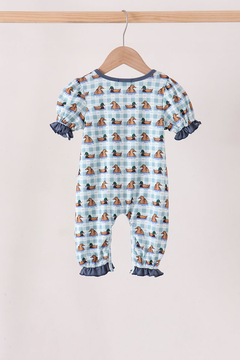 Blue mallard duck embroidery ruffle romper