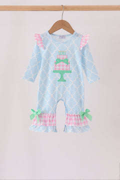Blue birthday cake appilque ruffle romper
