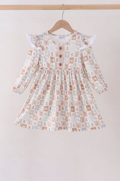 Khaki farm checkered ruffle dress