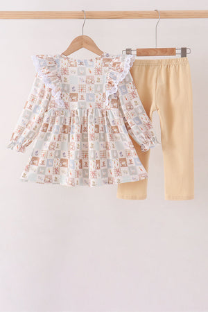 Khaki farm checkered ruffle pants set