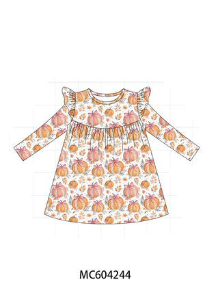 Orange Pumpkin Print Ruffle Dress