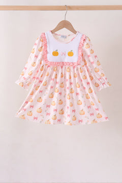 Pink pumpkin bow embroidery ruffle dress