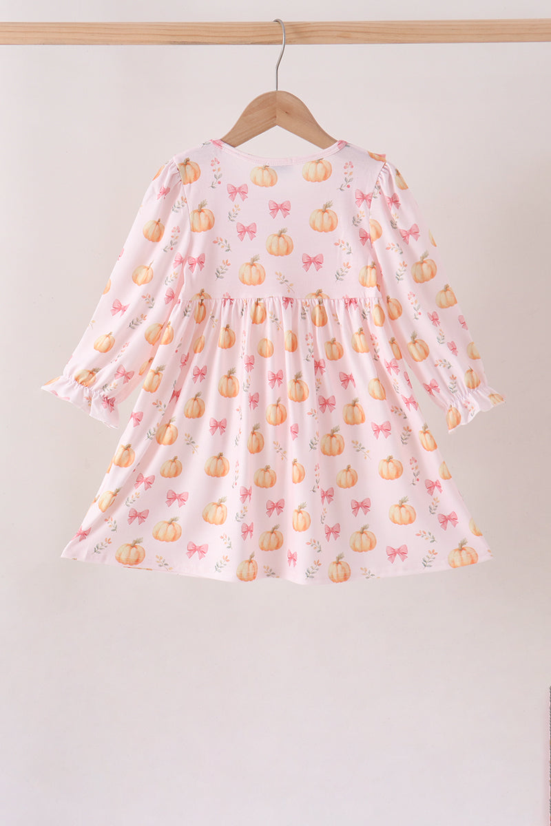 Pink pumpkin bow embroidery ruffle dress
