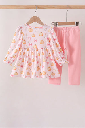 Pink pumpkin bow embroidery ruffle pants set
