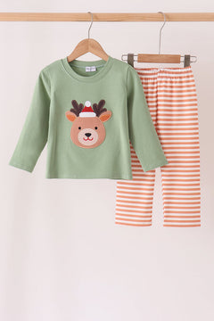 Sage Reindeer Applique Stripe Pants Set