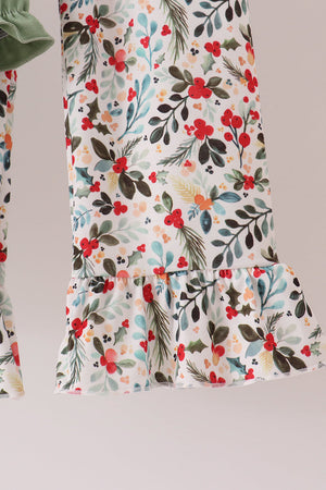 Sage Reindeer Applique Floral Ruffle Pants Set