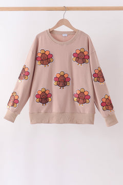 Khaki turkey sequin mom top