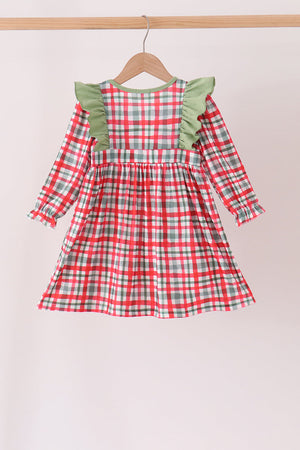 Green merry christmas embroidery plaid ruffle dress