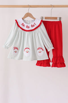 Sage santa applique gingham ruffle pants set