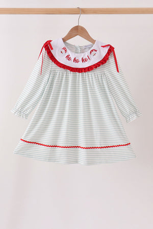 Sage santa applique gingham ruffle stripe dress