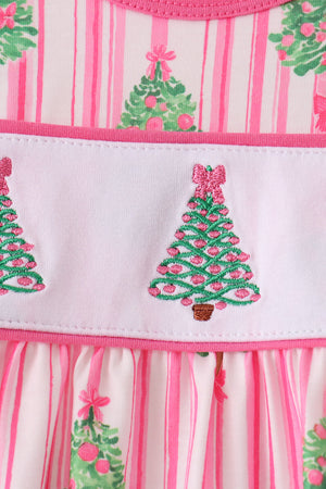 Pink christmas tree embroidery stripe bow bubble