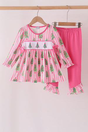 Pink Christmas Tree Embroidery Stripe Pants Set