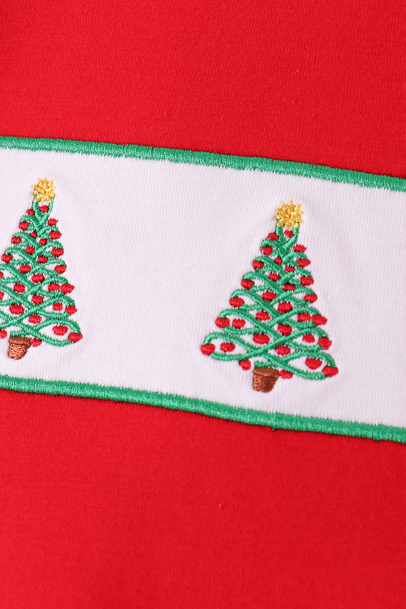 Red Christmas Tree Embroidery Stripe Pants Set