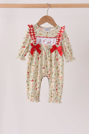 Goose embroidery ruffle bow romper