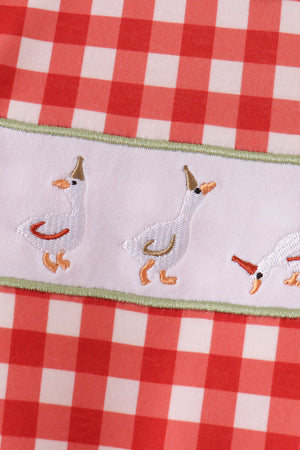 Red goose embroidery gingham romper