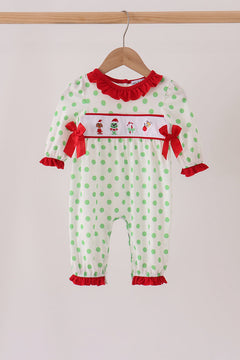 Green grinch embroidery ruffle dot romper