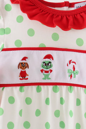 Green grinch embroidery ruffle dot romper