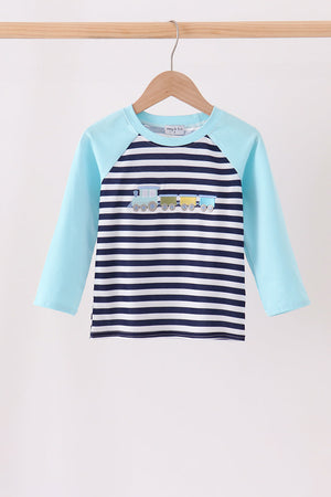 Blue train embroidery stripe top