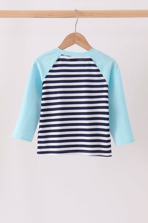 Blue train embroidery stripe top