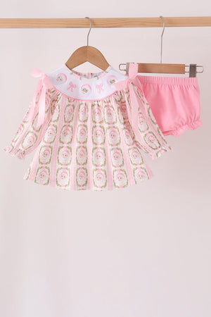 Pink santa bow embroidery bloomer set
