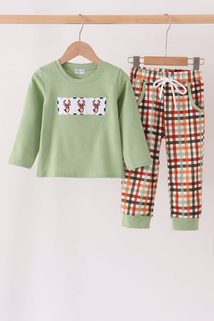 Sage deer embroidery plaid pants set