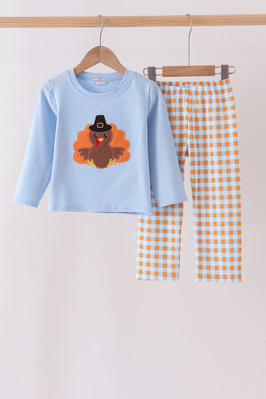 Blue Turkey Applique Gingham Pants Set