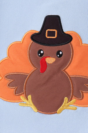 Blue Turkey Applique Gingham Pants Set